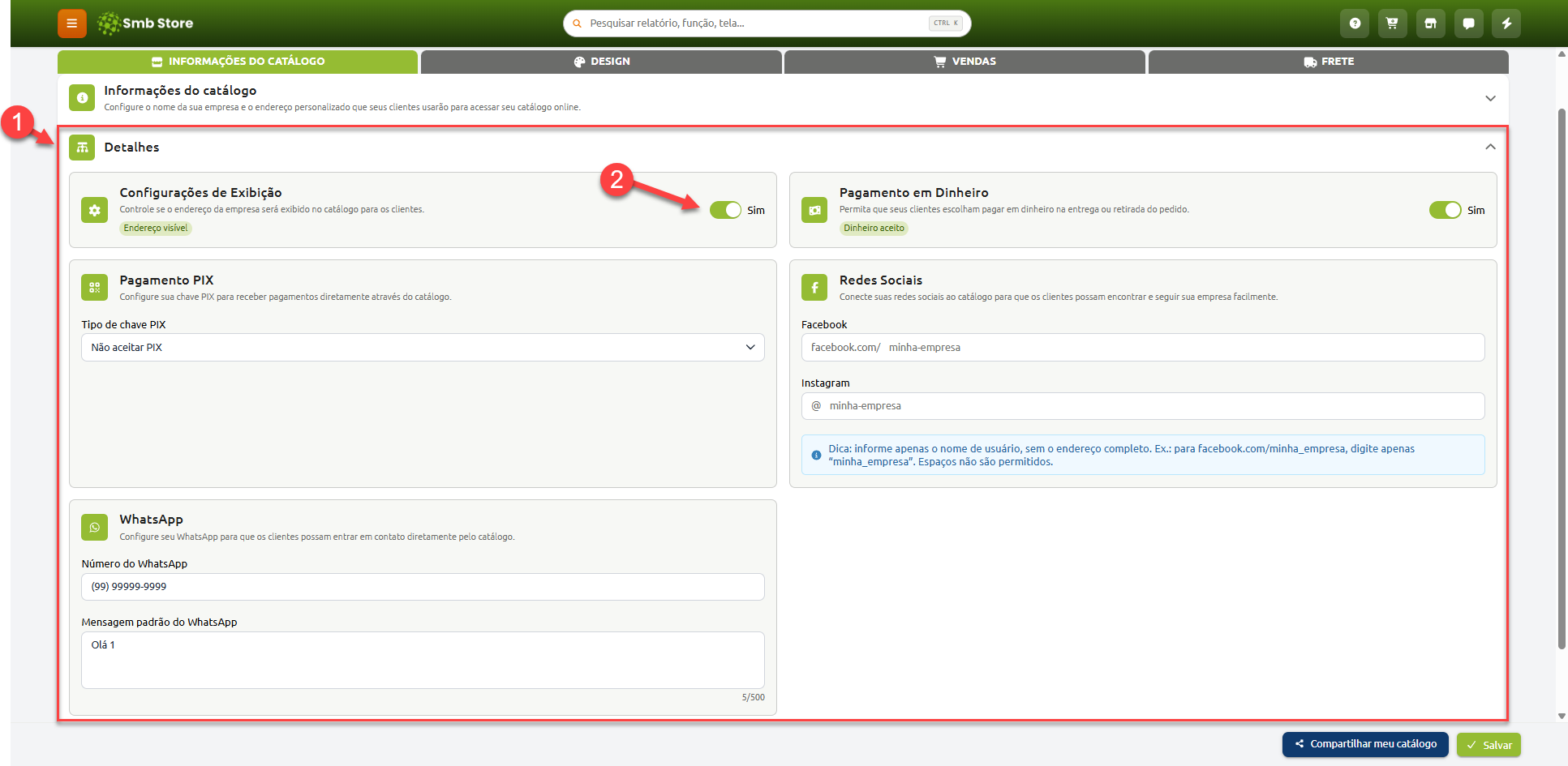 Tela de configurações de detalhes do catálogo no Smb Store, destacando a ativação da opção de exibição do endereço da empresa, além de campos para configurar pagamentos em dinheiro ou PIX, redes sociais e WhatsApp.