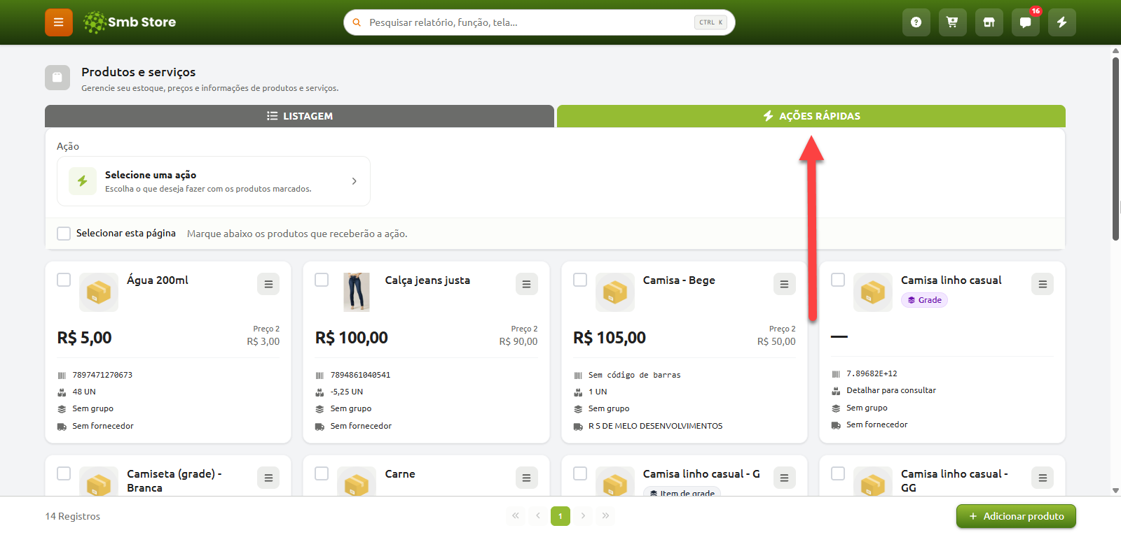 Tela de gerenciamento de produtos e serviços na aba de ações rápidas, exibindo opções para aplicar ações em lote e a lista de itens cadastrados com caixas de seleção, preços e estoque.