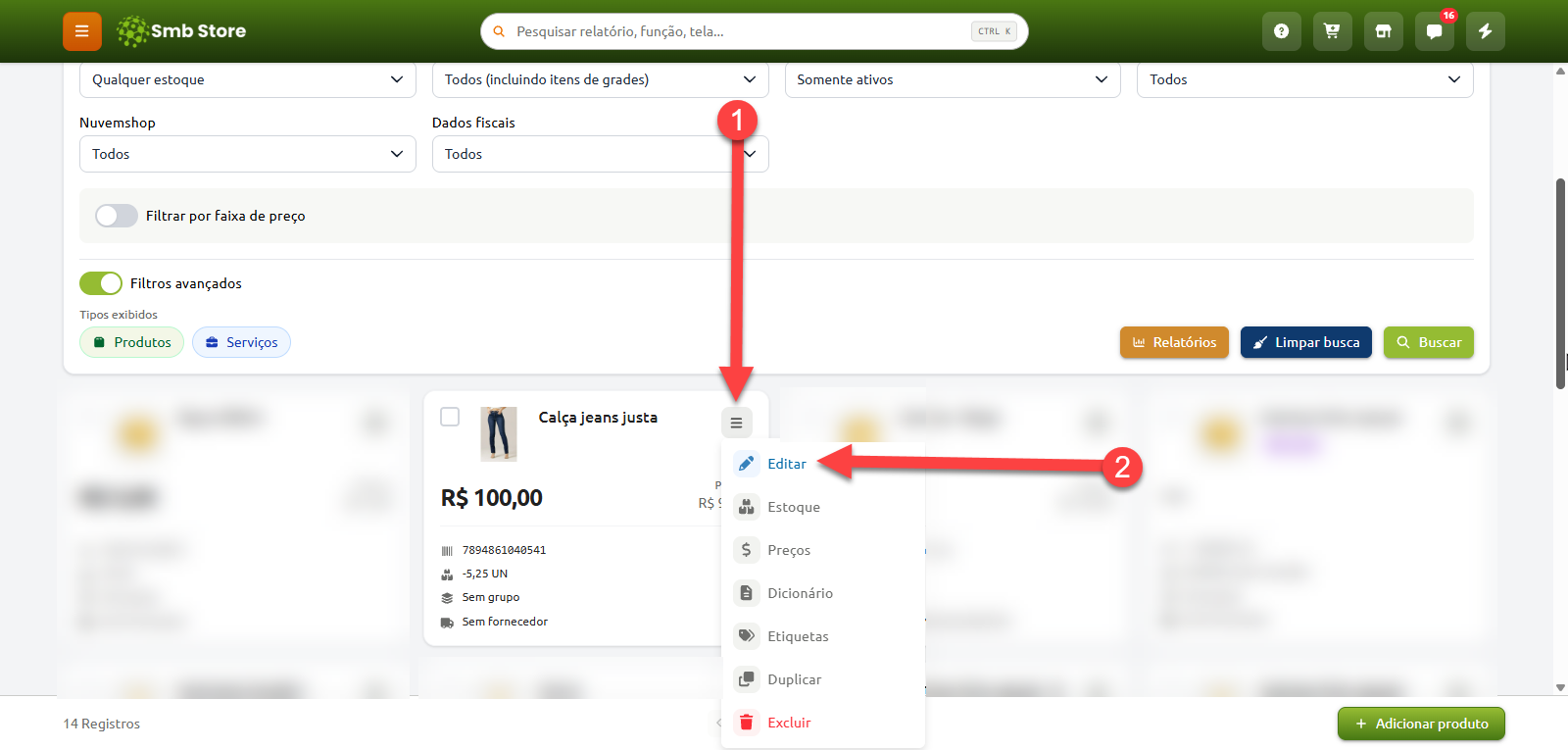 Tela de listagem de produtos com o menu de opções de um item aberto, destacando a sequência de passos para selecionar a opção Editar.