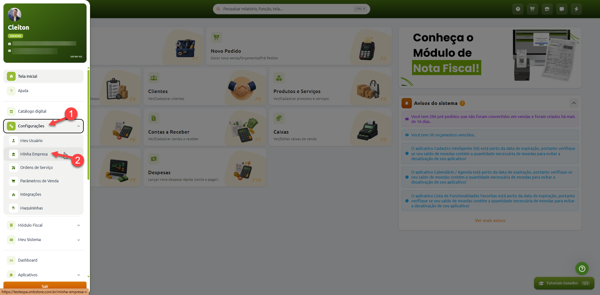 Menu lateral de sistema de gestão indicando o passo 1 na opção Configurações e o passo 2 no submenu Minha Empresa.