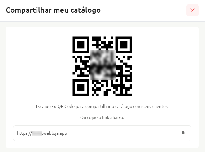 Janela de compartilhamento de catálogo com exibição de código QR para escaneamento e campo com link da loja para cópia.