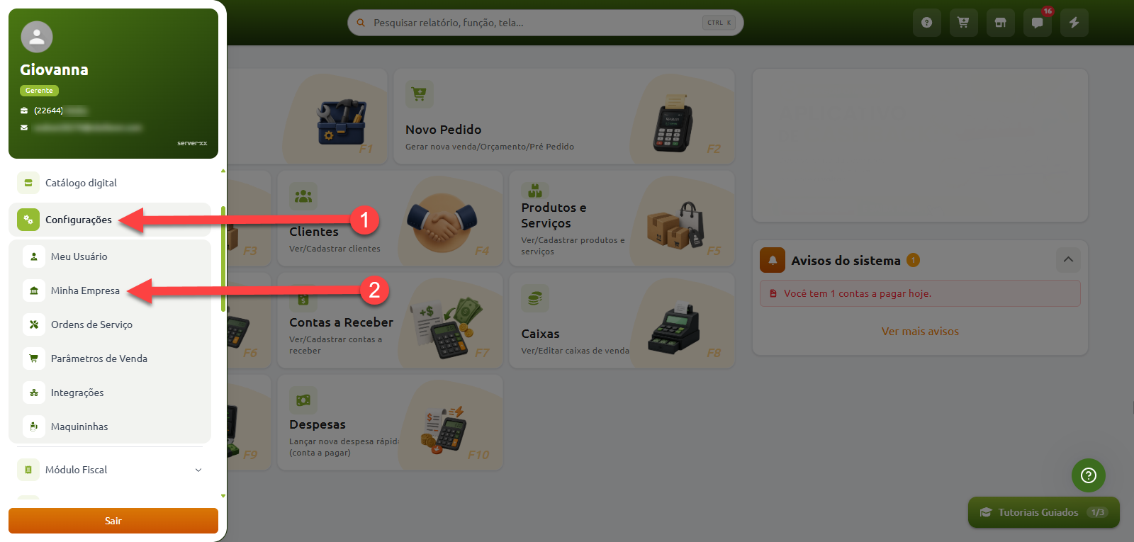 Menu lateral do sistema destacando o passo a passo de navegação: selecionar a opção "Configurações" indicada pelo número 1 e, em seguida, a opção "Minha Empresa" indicada pelo número 2.