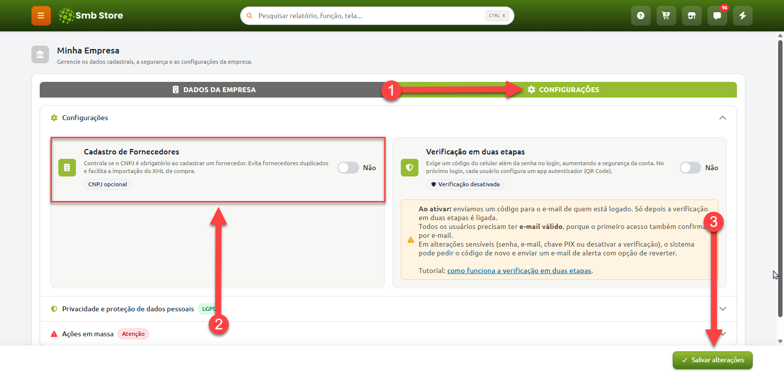 Tela de configurações da empresa no Smb Store com instruções destacadas para acessar a aba Configurações, ajustar a opção de obrigatoriedade do CNPJ no Cadastro de Fornecedores e clicar em Salvar alterações.