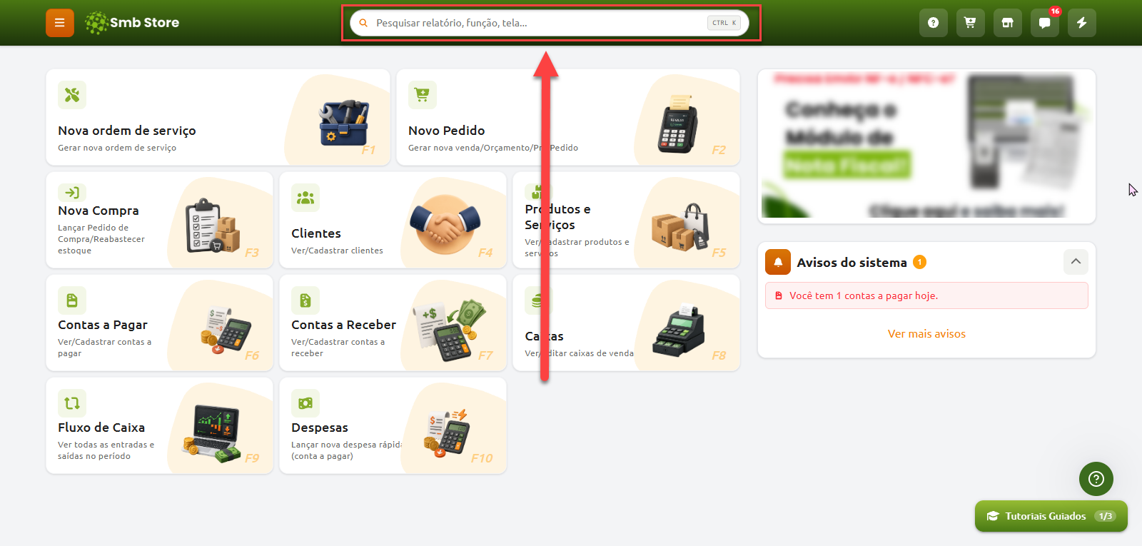 Painel principal do sistema Smb Store com atalhos para os módulos de gestão, destacando a barra superior de pesquisa para localizar relatórios, funções e telas.