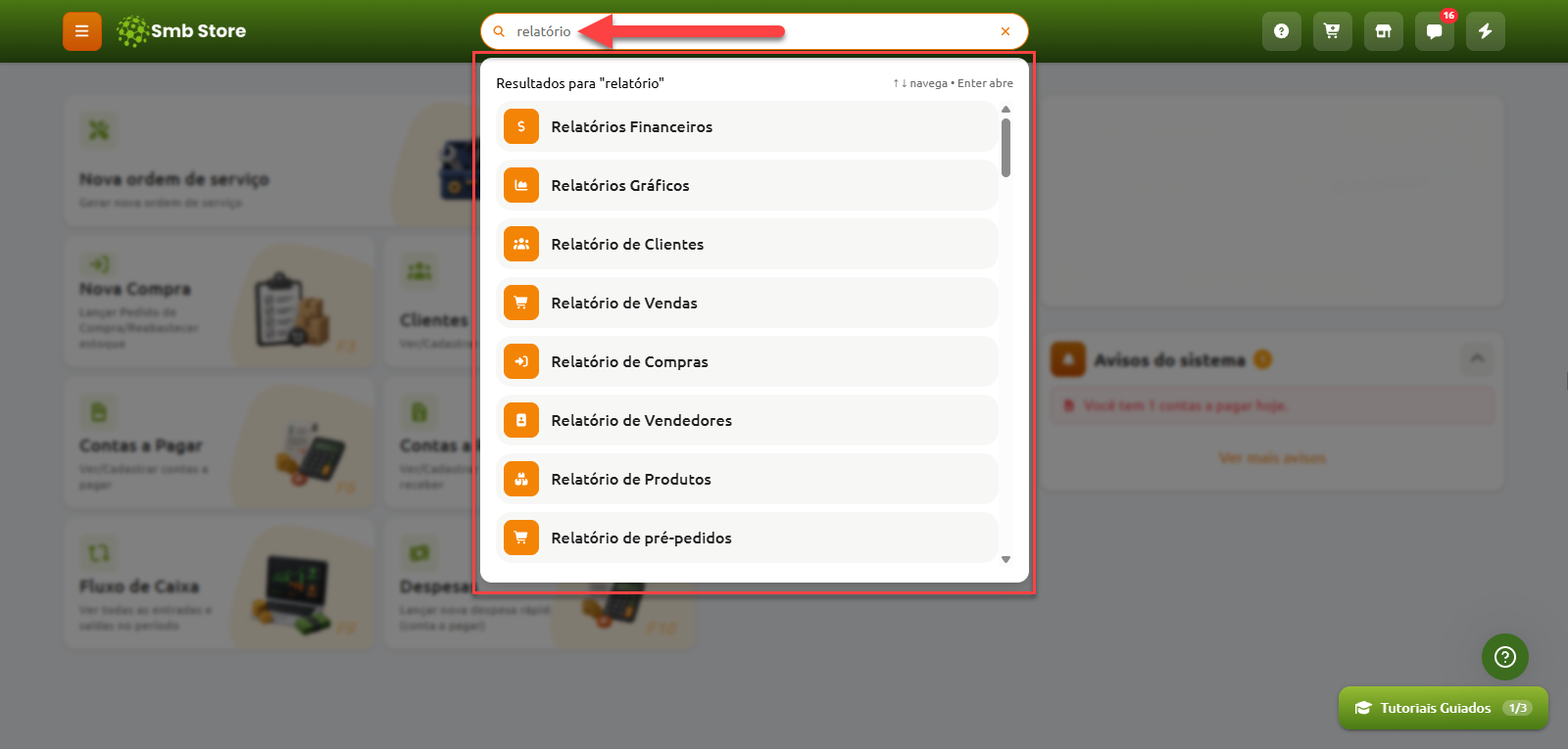 Campo de busca do sistema Smb Store com o termo "relatório" digitado, exibindo uma lista suspensa com opções de relatórios financeiros, gráficos, de clientes, de vendas, de compras, de vendedores, de produtos e de pré-pedidos.