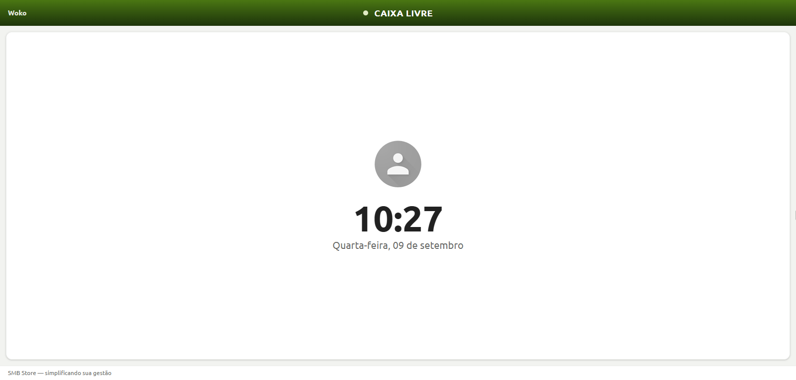 Tela de caixa livre do sistema SMB Store, exibindo um ícone de usuário, horário de 10:27 e a data de quarta-feira, 09 de setembro.