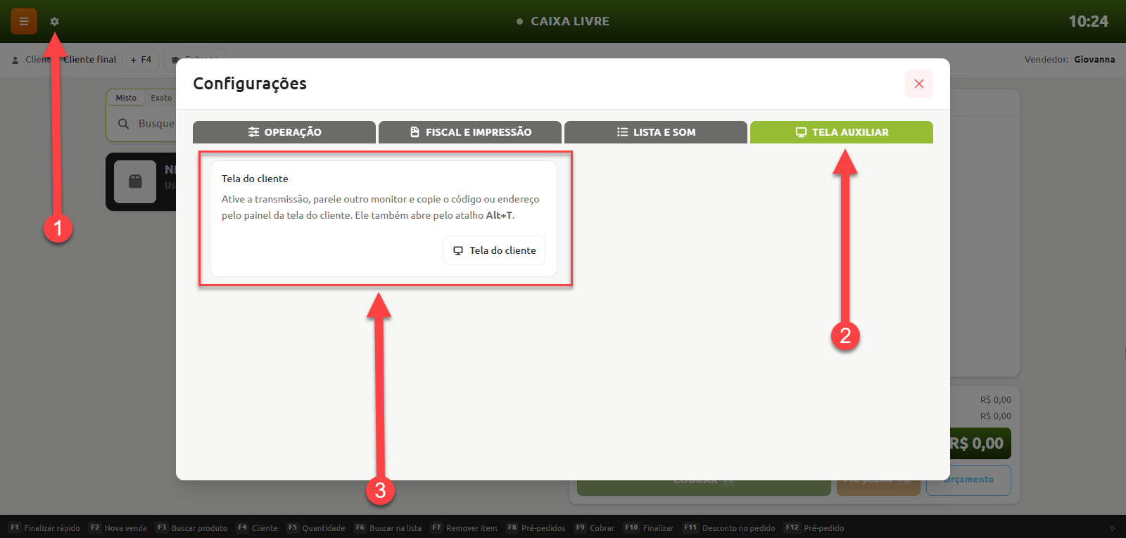 Passo a passo no sistema de caixa para configurar a tela auxiliar: abrir as configurações no ícone de engrenagem, acessar a aba "Tela Auxiliar" e clicar na opção "Tela do cliente" para ativar a transmissão em um segundo monitor.