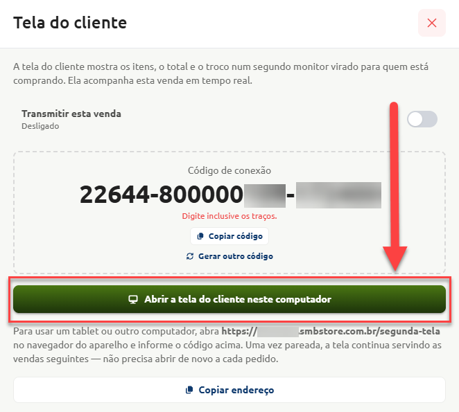 Janela de configuração da "Tela do cliente", exibindo o código de conexão, instruções para pareamento em outro dispositivo e o botão em destaque "Abrir a tela do cliente neste computador".