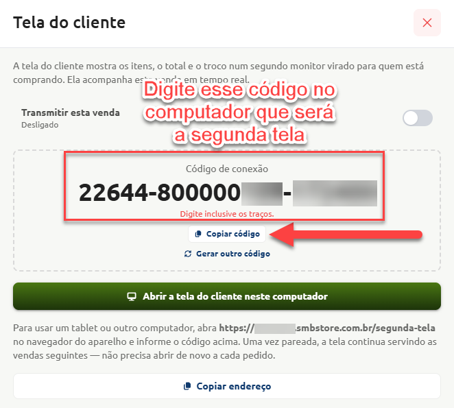 Tela de configuração da "Tela do cliente" para exibir vendas em um segundo monitor, com destaque no código de conexão e no botão "Copiar código" para parear outro dispositivo.