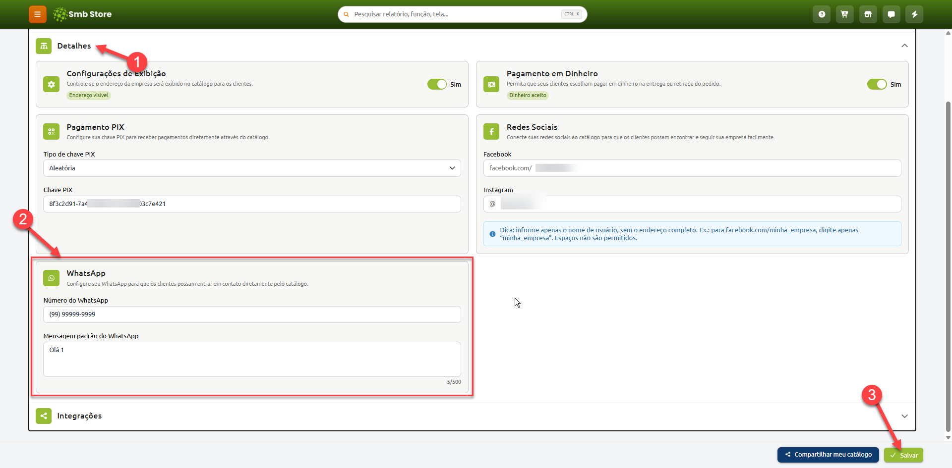 Tela de configurações de detalhes do catálogo no Smb Store, destacando a seção para preencher o número e a mensagem padrão do WhatsApp, seguida pelo botão para salvar as alterações.