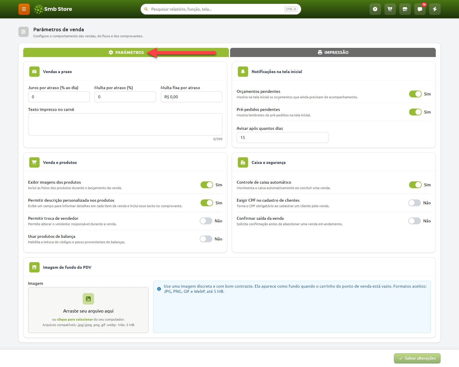 Tela de parâmetros de venda no Smb Store, com opções de configuração para vendas a prazo, notificações na tela inicial, vendas e produtos, caixa e segurança, e imagem de fundo do PDV.