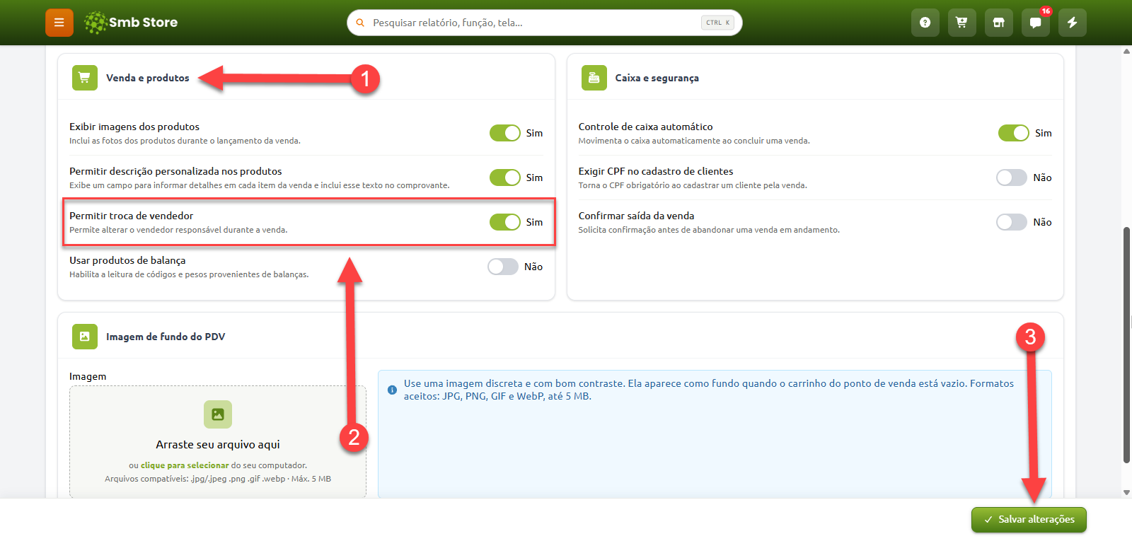 Tela de configurações do Smb Store destacando a seção Venda e produtos, a opção Permitir troca de vendedor ativada como Sim e o botão Salvar alterações no canto inferior direito.