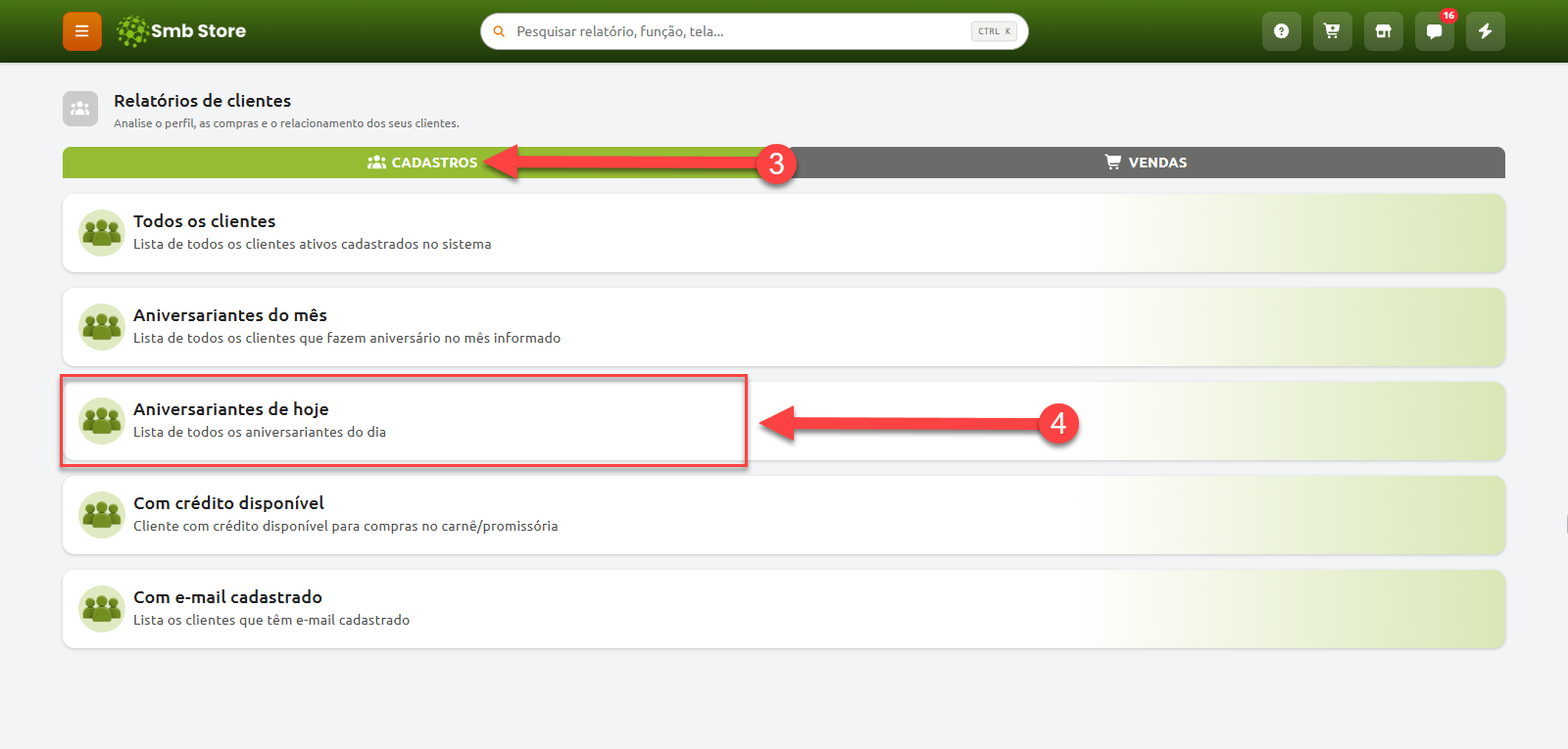 Tela de relatórios de clientes do SMB Store na aba Cadastros, com destaque na opção para listar os aniversariantes de hoje.