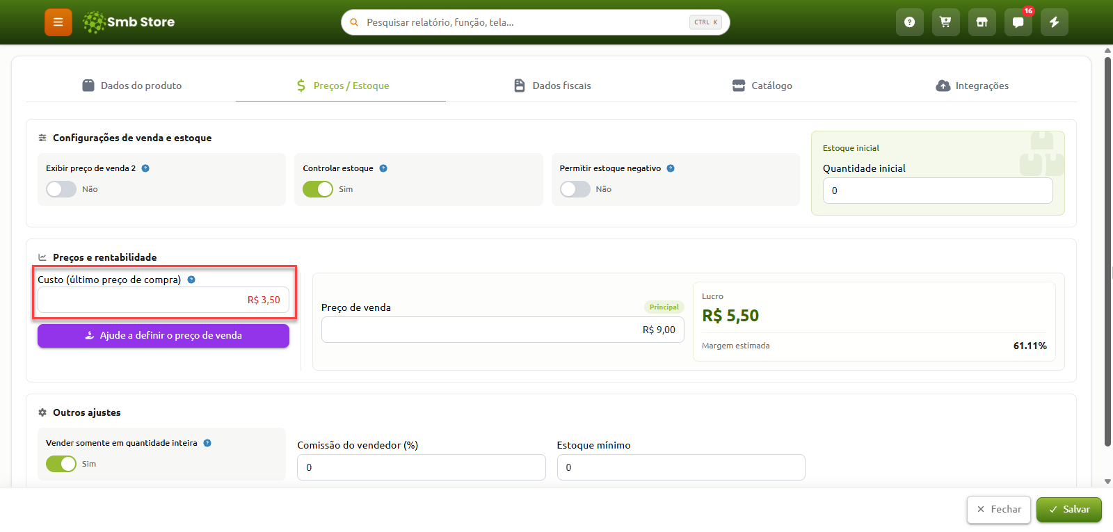 Tela de cadastro de produto na aba de preços e estoque do Smb Store, com destaque para o campo de custo e último preço de compra na seção de preços e rentabilidade.