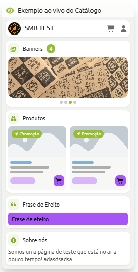 Visualização prévia de um catálogo digital para dispositivos móveis da loja SMB TEST, exibindo seções de banners em carrossel, produtos com etiqueta de promoção, frase de efeito e informações sobre a loja.