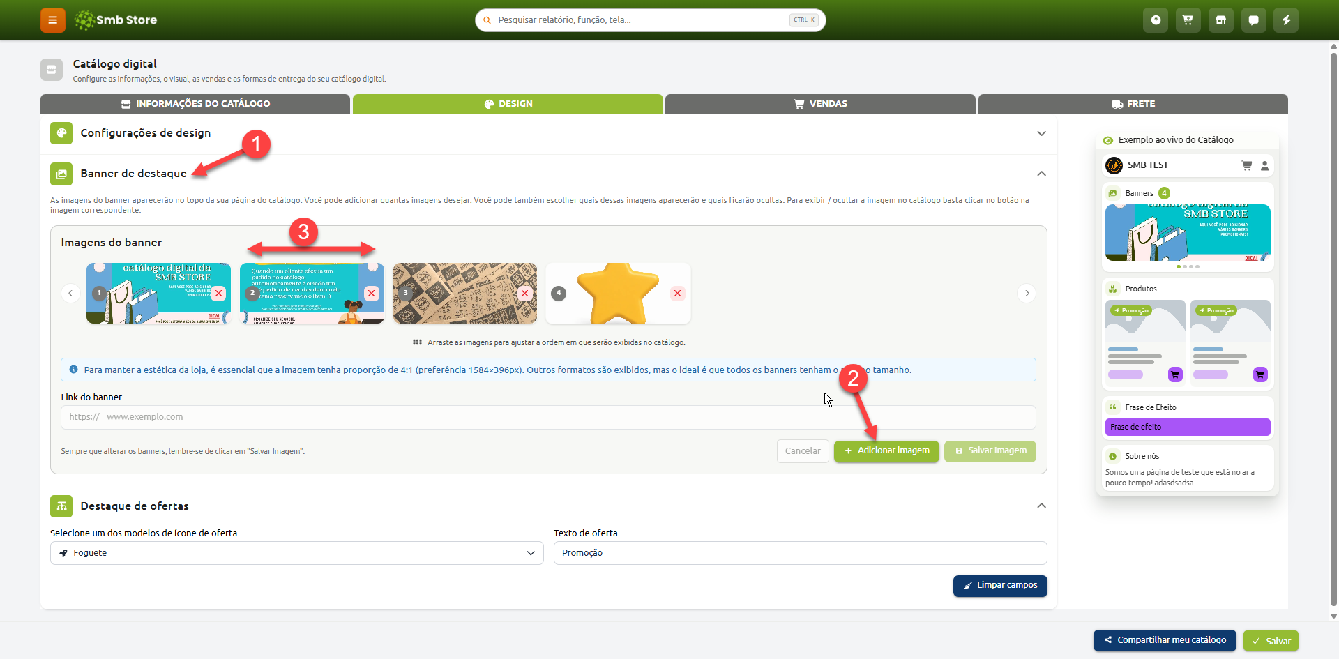 Tela de personalização do catálogo digital na aba de design, com instruções numeradas para gerenciar os banners de destaque: acessar a seção de banners, adicionar novas imagens com seus respectivos links e reordenar a sequência de exibição arrastando as miniaturas.
