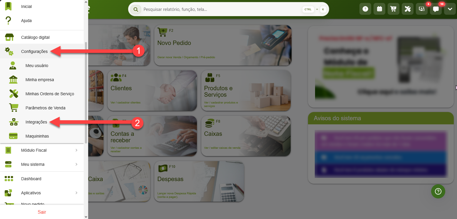 Tela inicial do sistema com o menu lateral aberto, indicando o acesso à opção "Configurações" no primeiro passo e a "Integrações" no segundo.