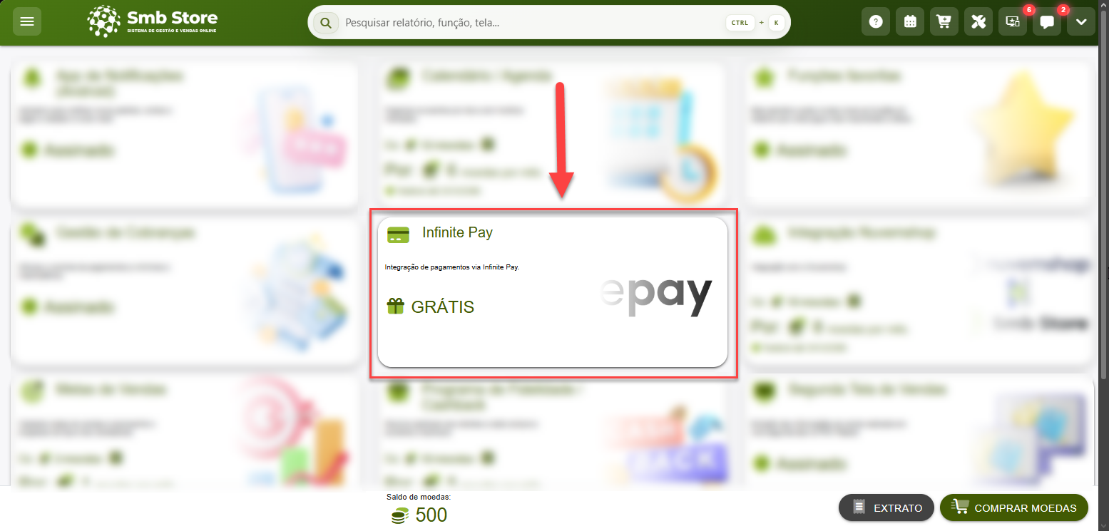 Painel do sistema Smb Store com destaque para o módulo gratuito de integração de pagamentos via Infinite Pay.