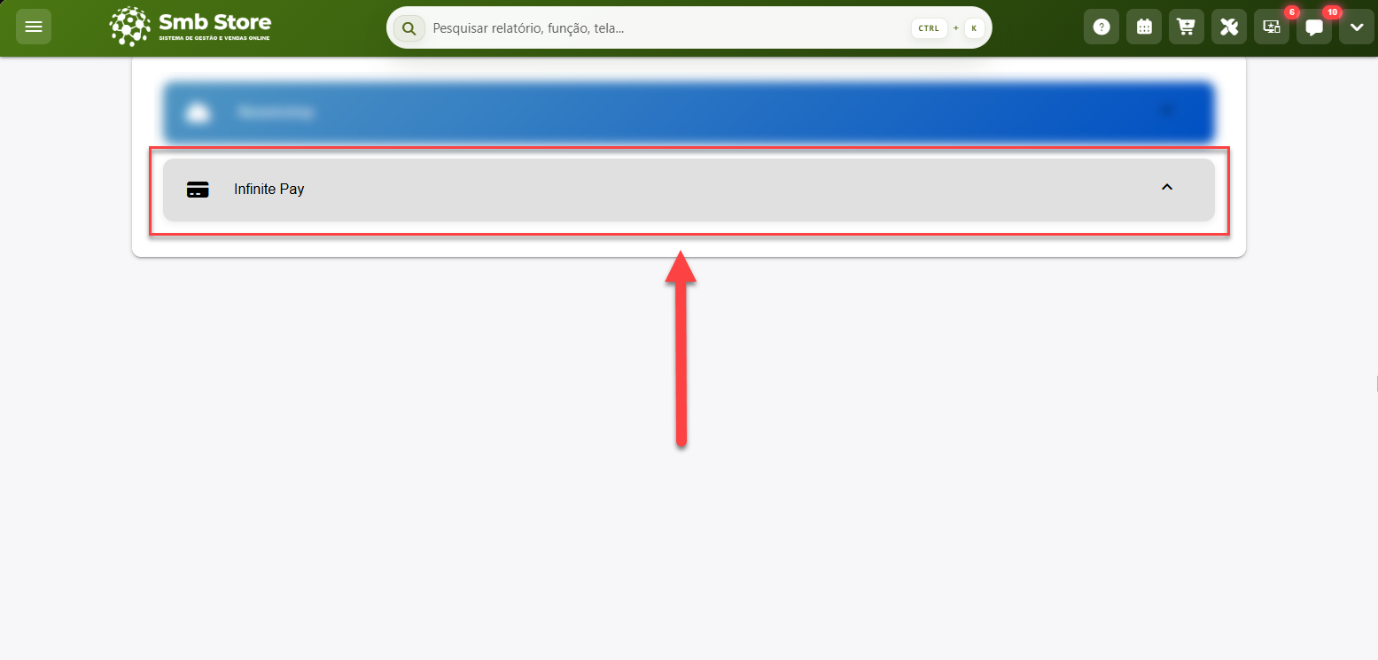 Tela do sistema Smb Store destacando a opção de integração com a Infinite Pay.