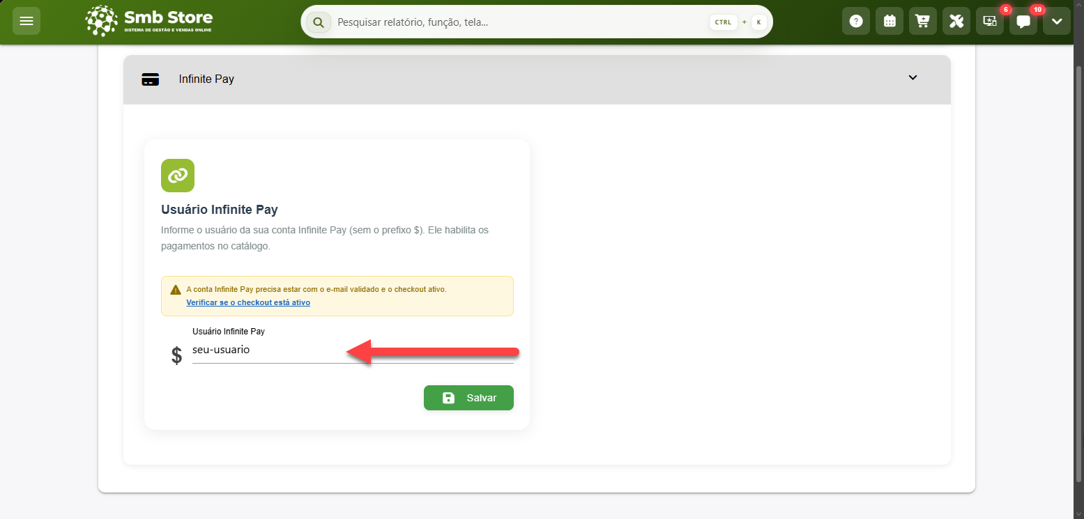 Tela de configuração de integração do Smb Store para inserção do nome de usuário do Infinite Pay e salvamento das alterações.