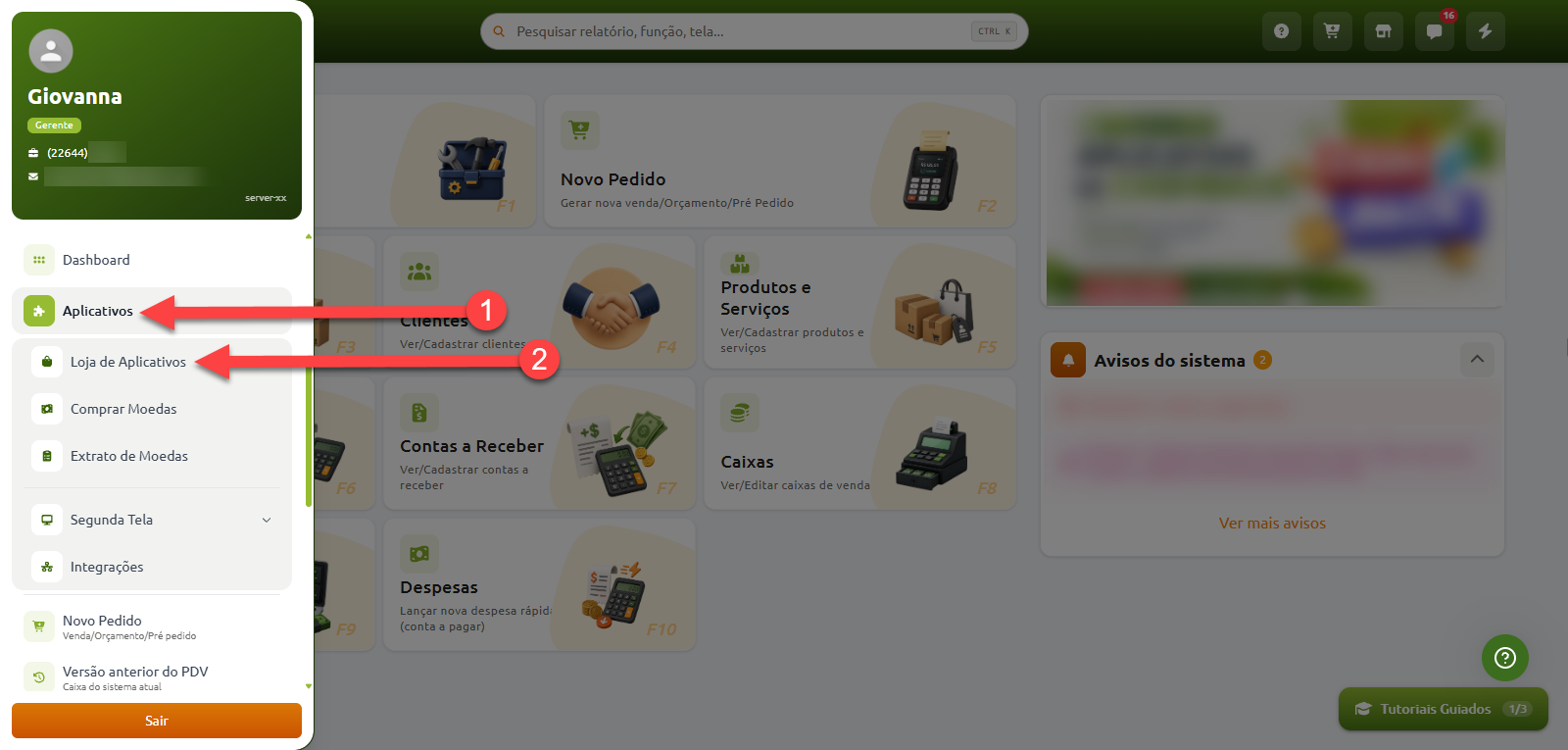 Painel principal do sistema exibindo o menu lateral esquerdo, com setas numeradas indicando o acesso à seção "Aplicativos" no passo 1 e à opção "Loja de Aplicativos" no passo 2.