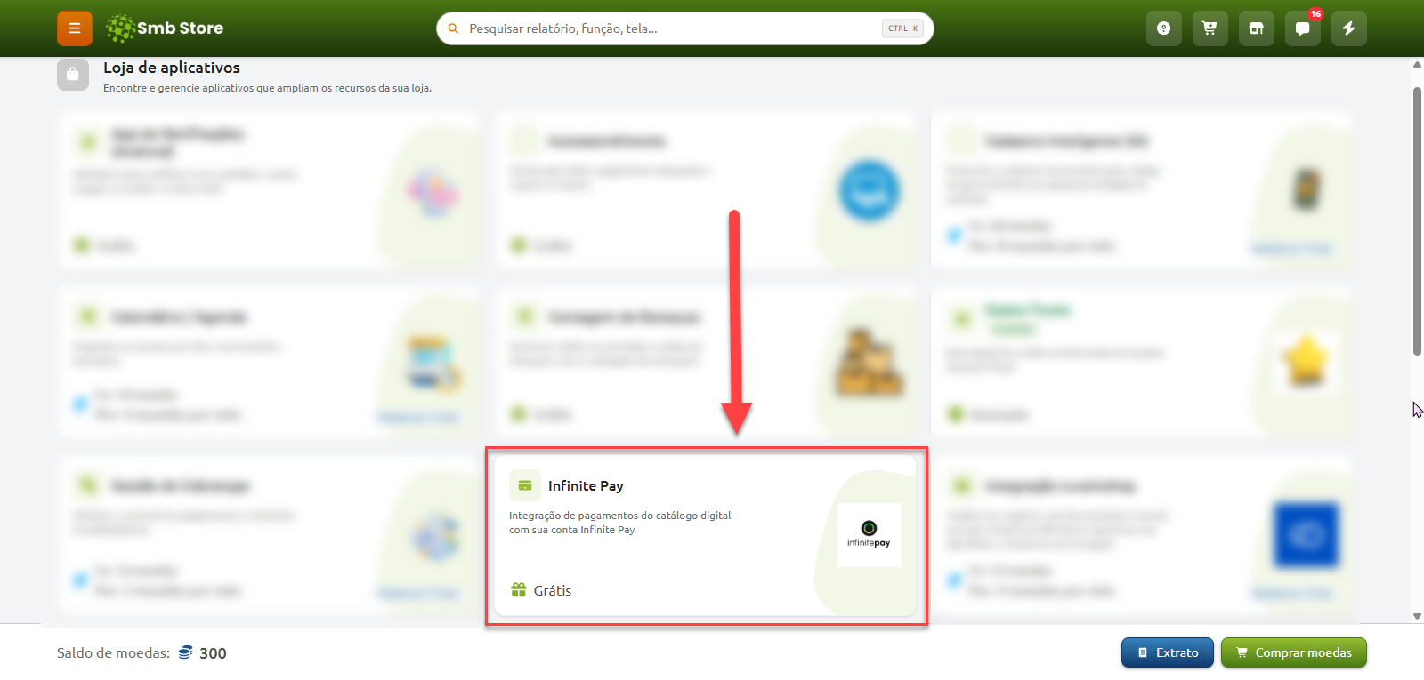 Loja de aplicativos do Smb Store com destaque para o aplicativo Infinite Pay, gratuito para integração de pagamentos do catálogo digital.