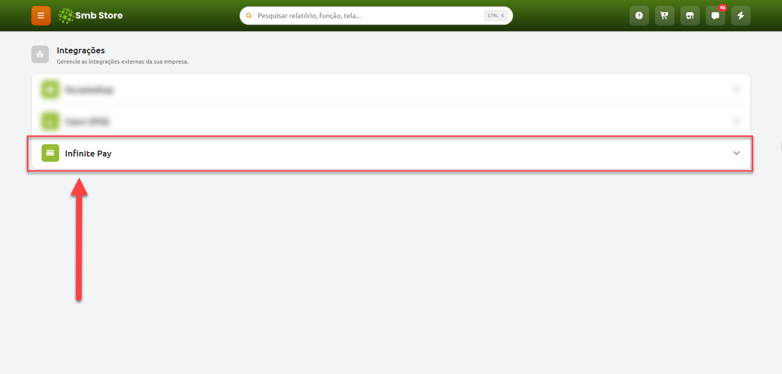 Tela de integrações do sistema Smb Store com a opção da Infinite Pay destacada na listagem.