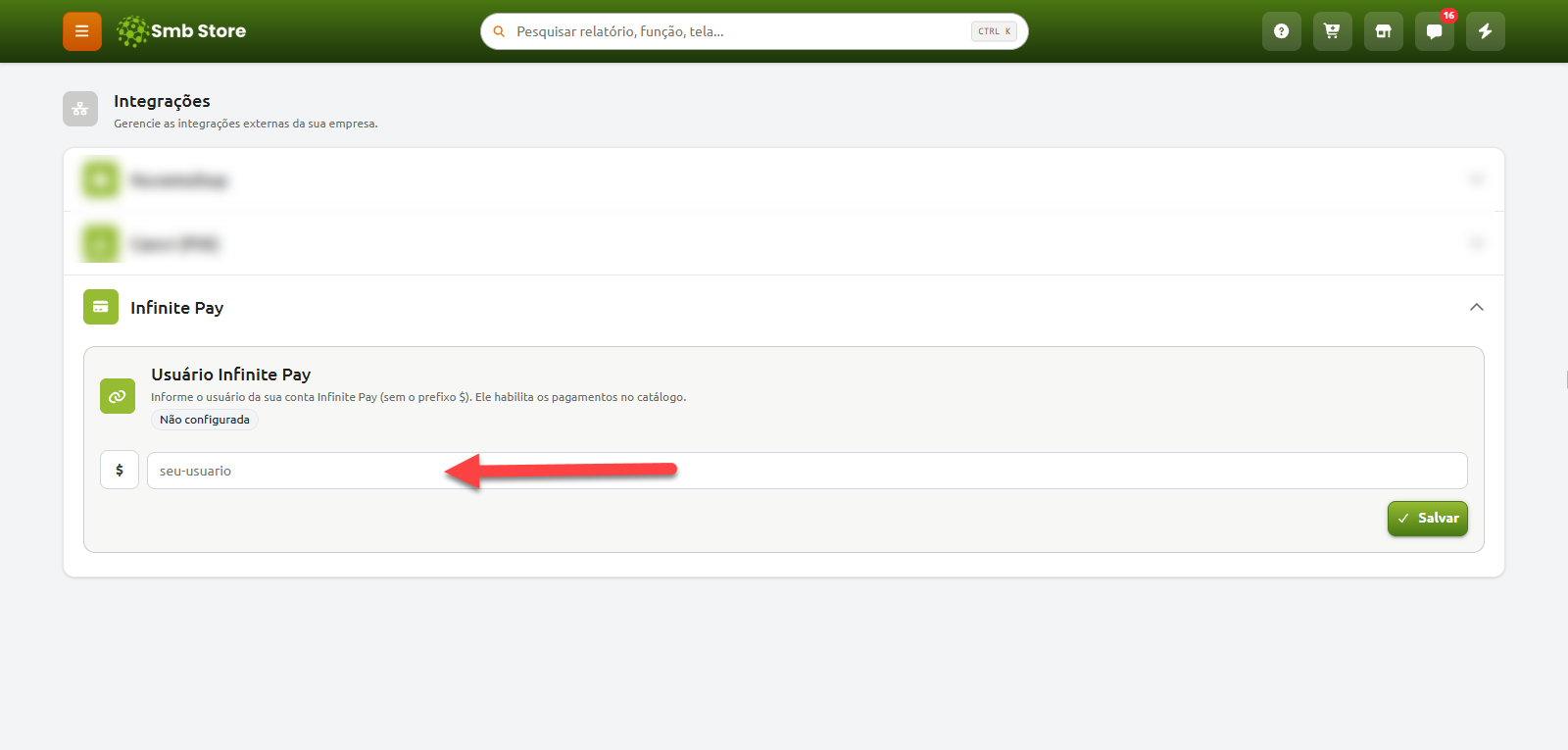 Tela de integrações do sistema exibindo a configuração da Infinite Pay, com campo indicado para inserir o nome de usuário da conta e botão para salvar.