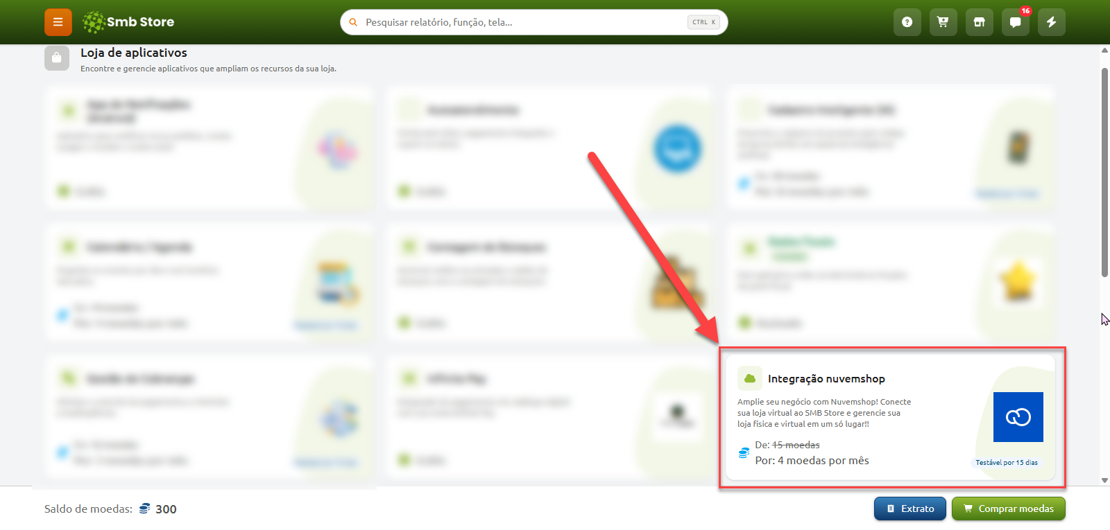 Tela da Loja de aplicativos do Smb Store com destaque para a opção do aplicativo "Integração nuvemshop", exibindo descrição do recurso, valor promocional mensal em moedas e indicação de período de teste por 15 dias.