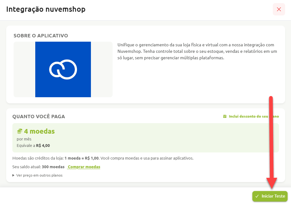 Tela de detalhes da integração com a Nuvemshop, apresentando a descrição do recurso, o valor mensal em moedas e um botão destacado para iniciar o teste da ferramenta.