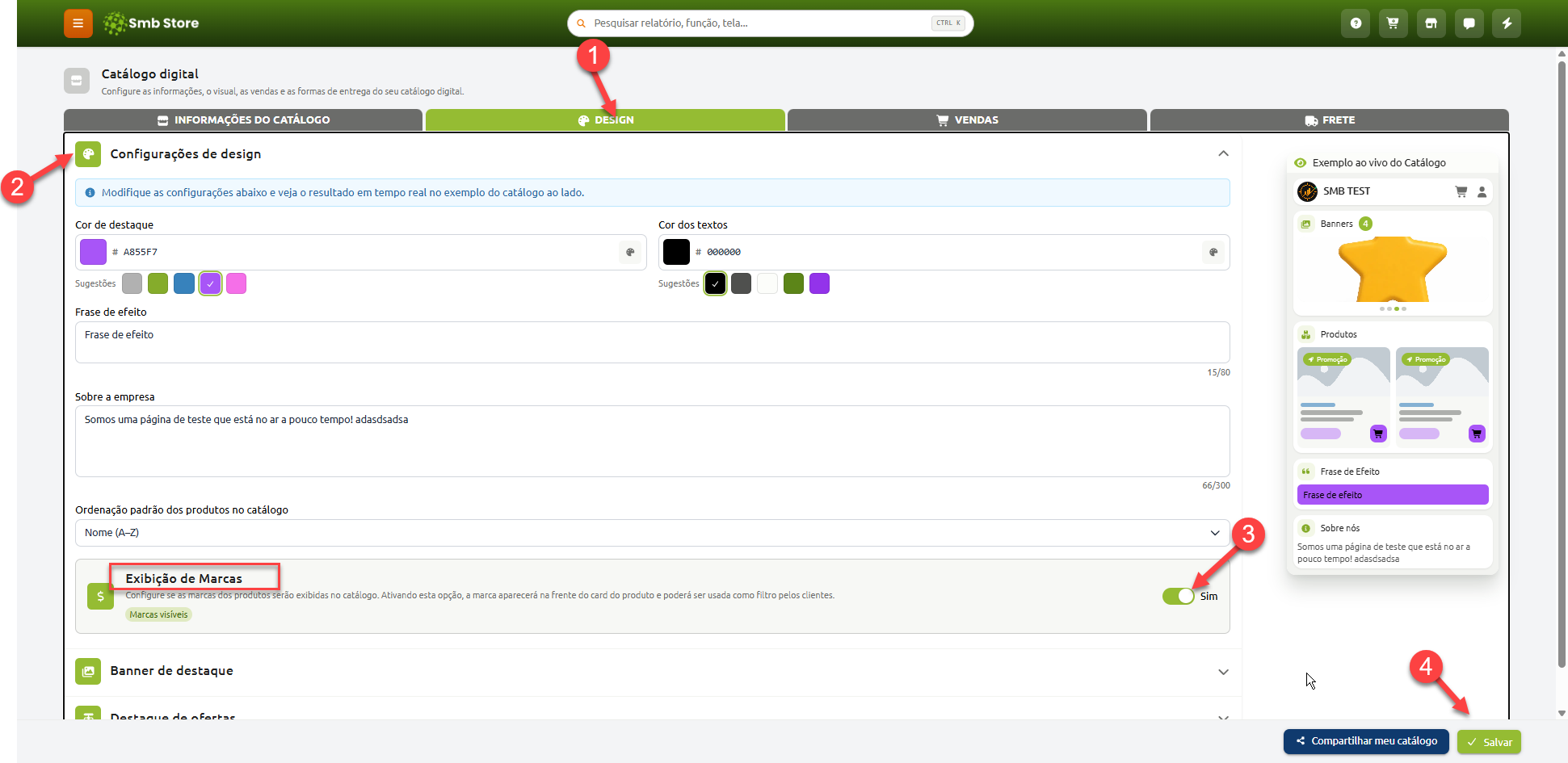 Tela de configurações de design do catálogo digital no sistema Smb Store, demonstrando a ativação da opção de exibição de marcas dos produtos e a pré-visualização ao vivo ao lado.
