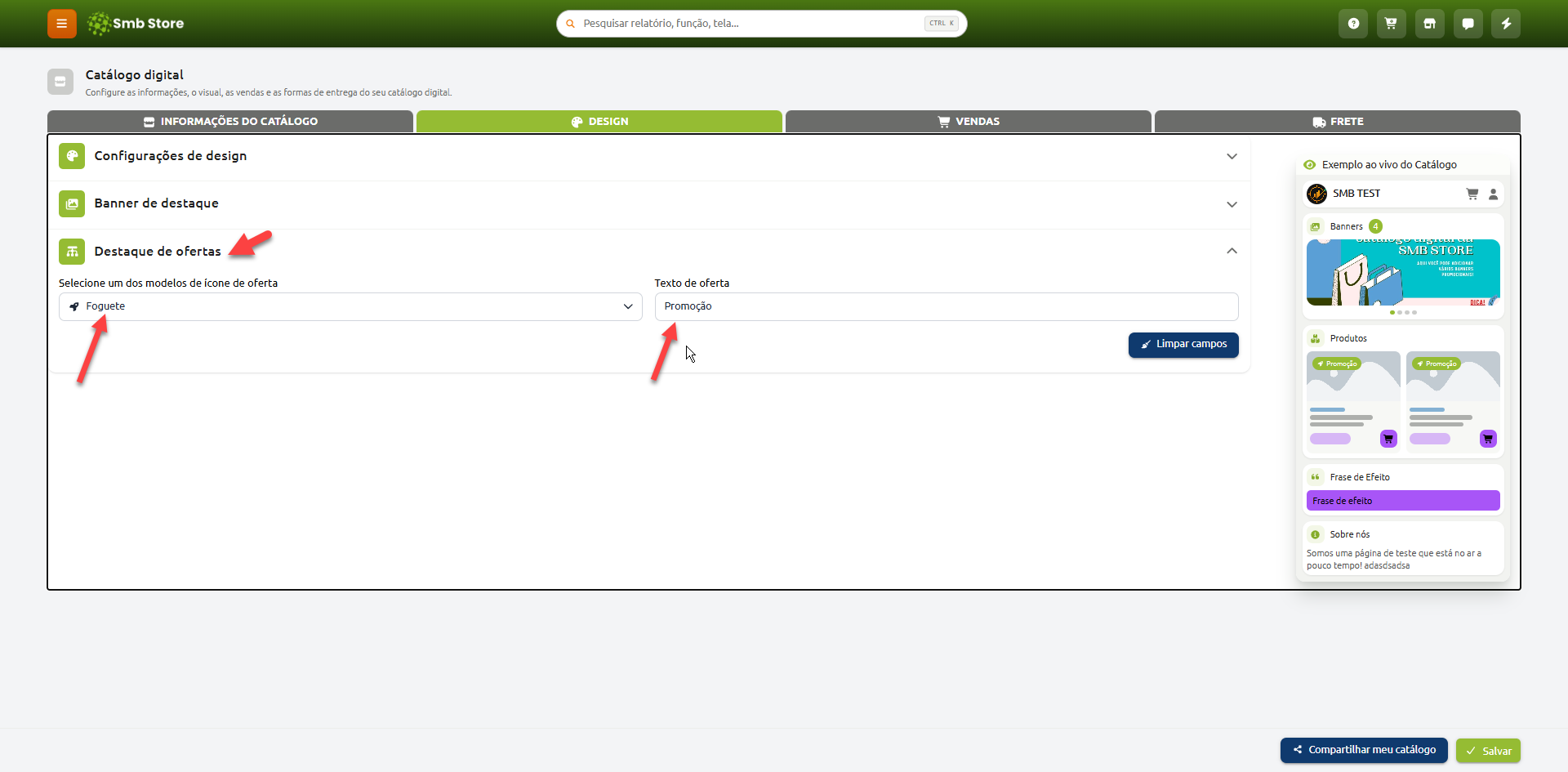 Tela de configurações de design do catálogo digital no sistema Smb Store, com a seção "Destaque de ofertas" aberta para personalização do ícone de oferta e do texto descritivo, acompanhada da pré-visualização ao vivo da loja.