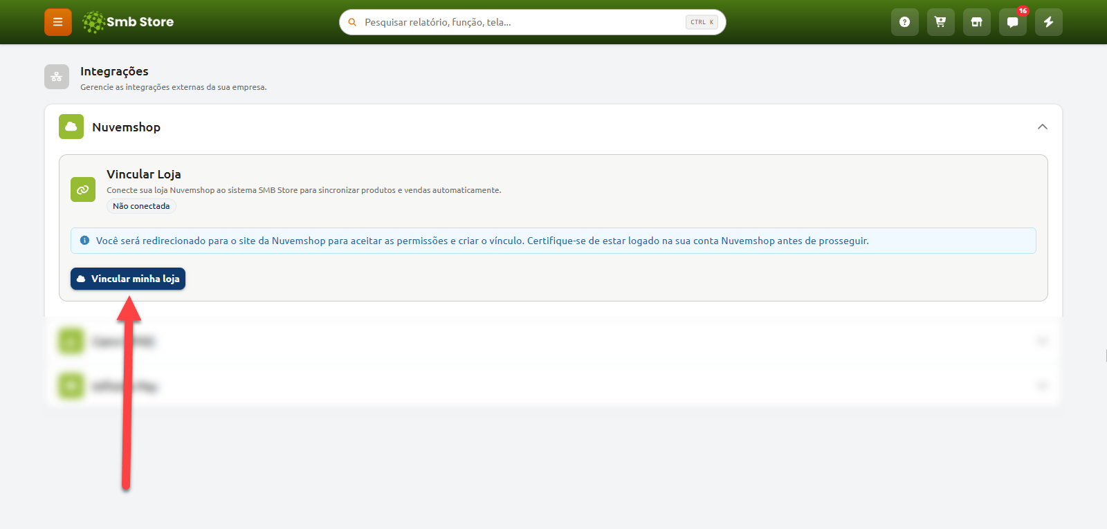 Tela de integrações do sistema SMB Store, exibindo a seção da Nuvemshop em estado não conectado e o botão para vincular a loja.
