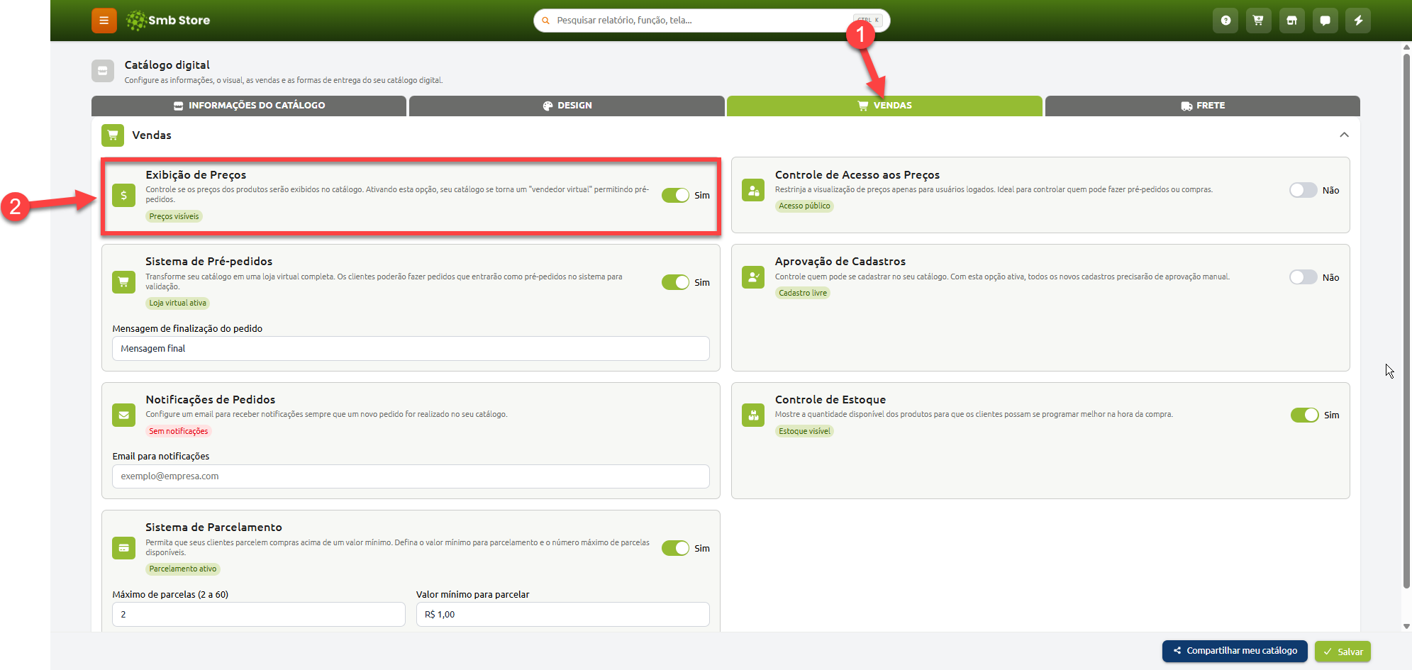 Tela de configurações de vendas do catálogo digital, destacando a opção de exibição de preços ativa.