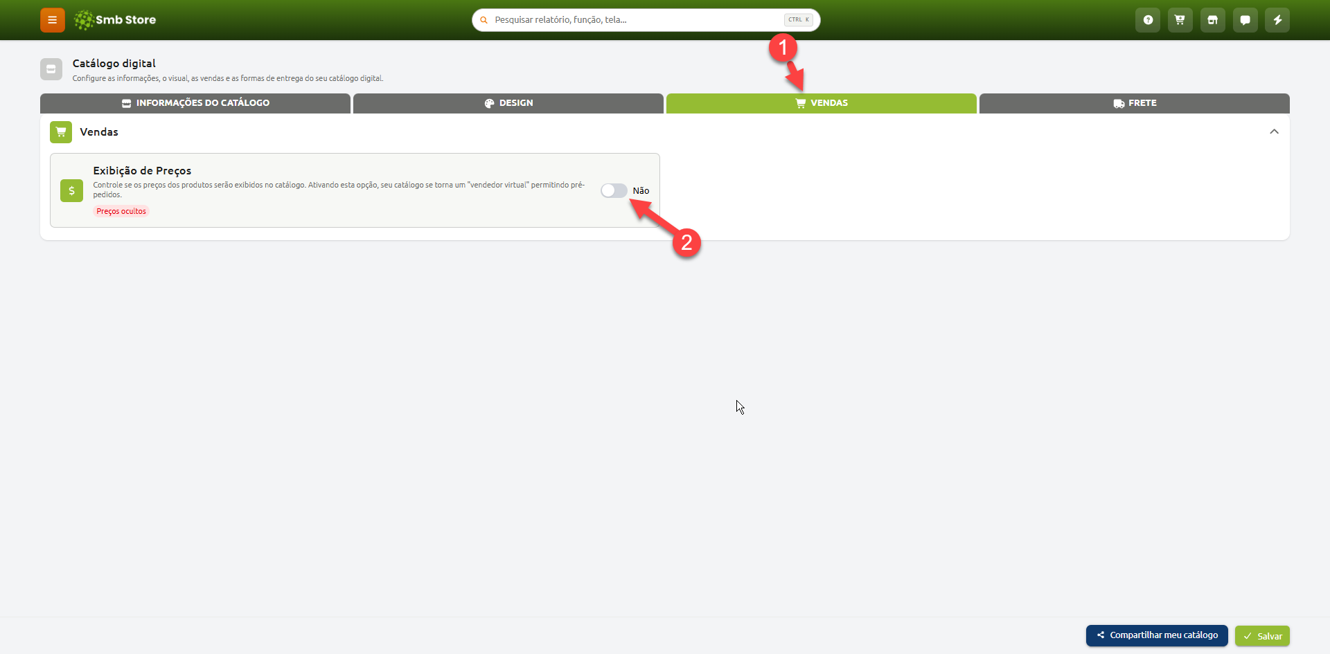 Tela de configuração do Catálogo Digital com a aba Vendas selecionada, destacando a opção de Exibição de Preços desativada.