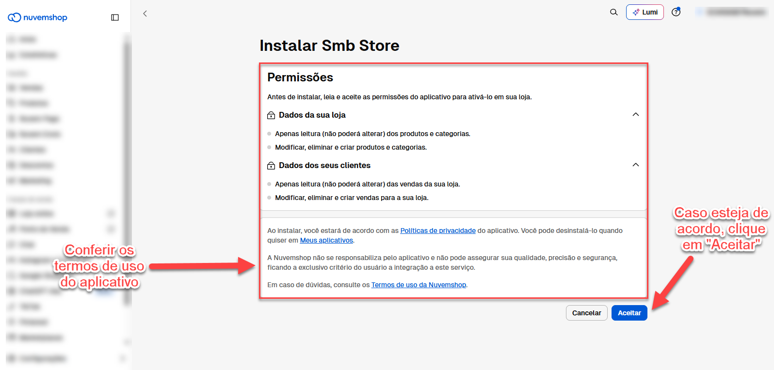 Tela da Nuvemshop para instalação do aplicativo Smb Store, detalhando as permissões de acesso aos dados da loja e dos clientes, acompanhada dos termos de uso e do botão "Aceitar".