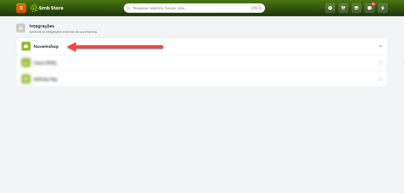 Tela de integrações do Smb Store com a opção Nuvemshop em destaque.