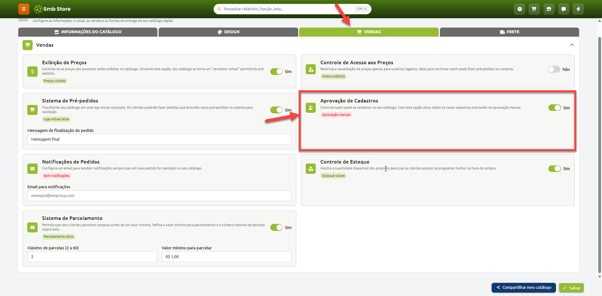 Tela de configurações de vendas do catálogo digital no Smb Store, com destaque para a ativação da opção de aprovação manual de cadastros de novos clientes.