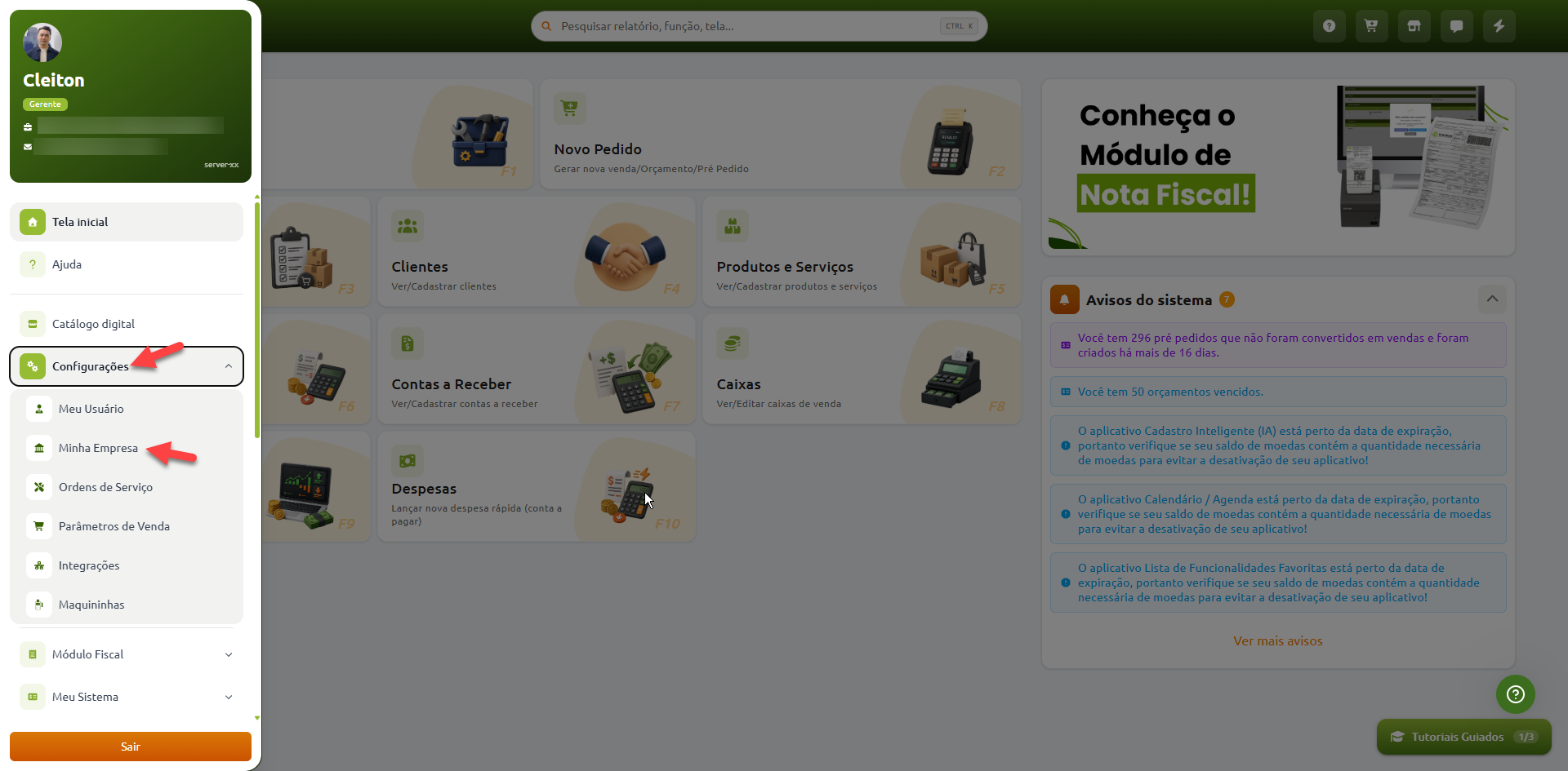Painel principal do sistema com o menu lateral aberto, destacando o caminho para a opção Minha Empresa dentro da seção Configurações.