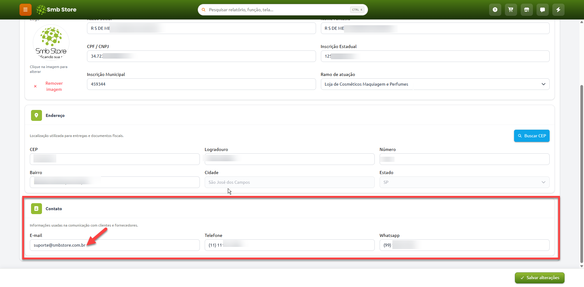 Tela de configurações da empresa no Smb Store, com destaque na seção de contato para preenchimento dos campos de e-mail, telefone e WhatsApp.