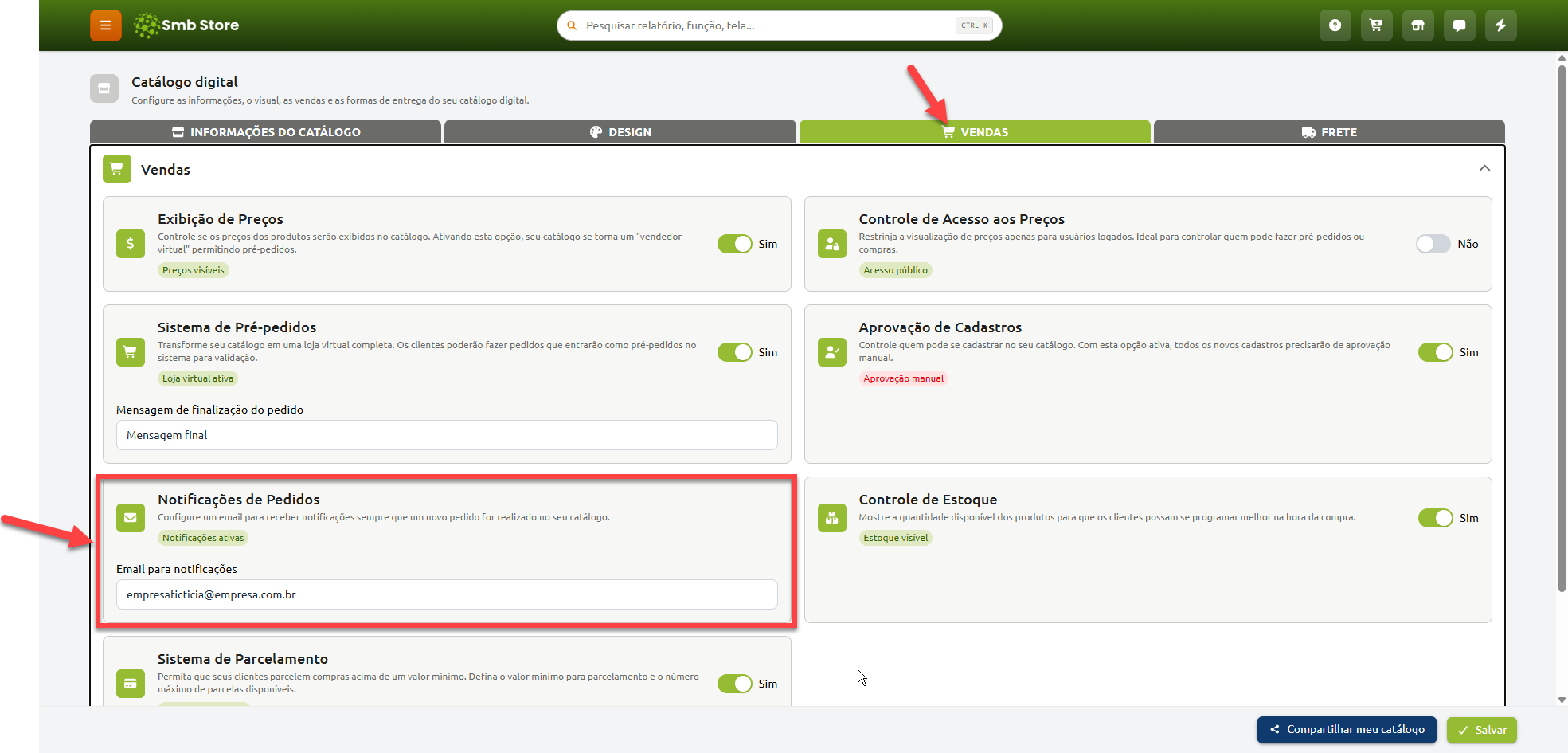 Tela de configurações de Vendas do Catálogo digital no Smb Store, destacando a seção Notificações de Pedidos com campo para preenchimento do e-mail de recebimento dos avisos.