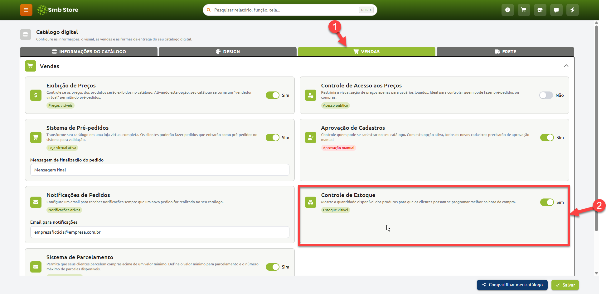Tela de configuração do Catálogo Digital do Smb Store na aba Vendas, destacando a opção de Controle de Estoque para exibir a quantidade disponível dos produtos aos clientes.