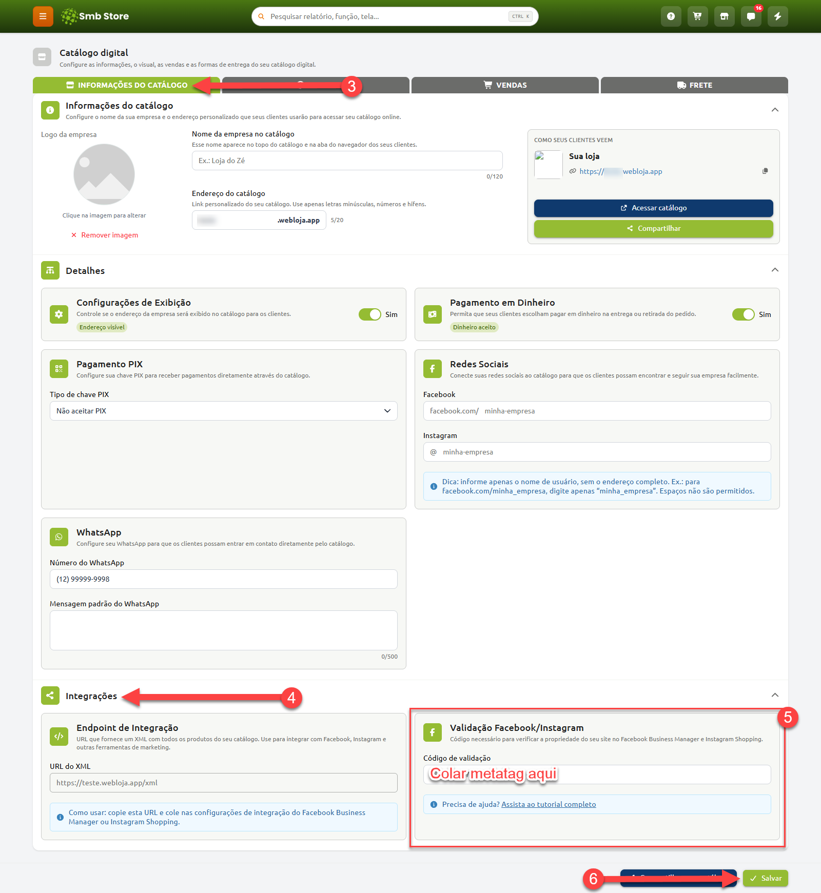 Tela de configurações do catálogo digital na aba "Informações do catálogo", com destaque para a seção "Integrações", o campo de código para "Validação Facebook/Instagram" e o botão "Salvar".