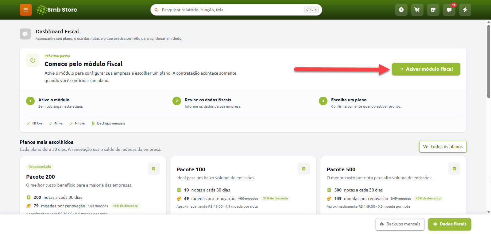 Tela do Dashboard Fiscal com orientações para início das emissões, destacando o botão Ativar módulo fiscal e opções de planos de emissão de notas fiscais.