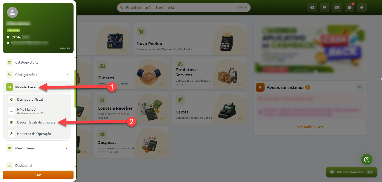 Menu lateral do sistema indicando o caminho para acessar a opção "Dados Fiscais da Empresa" a partir do menu "Módulo Fiscal".