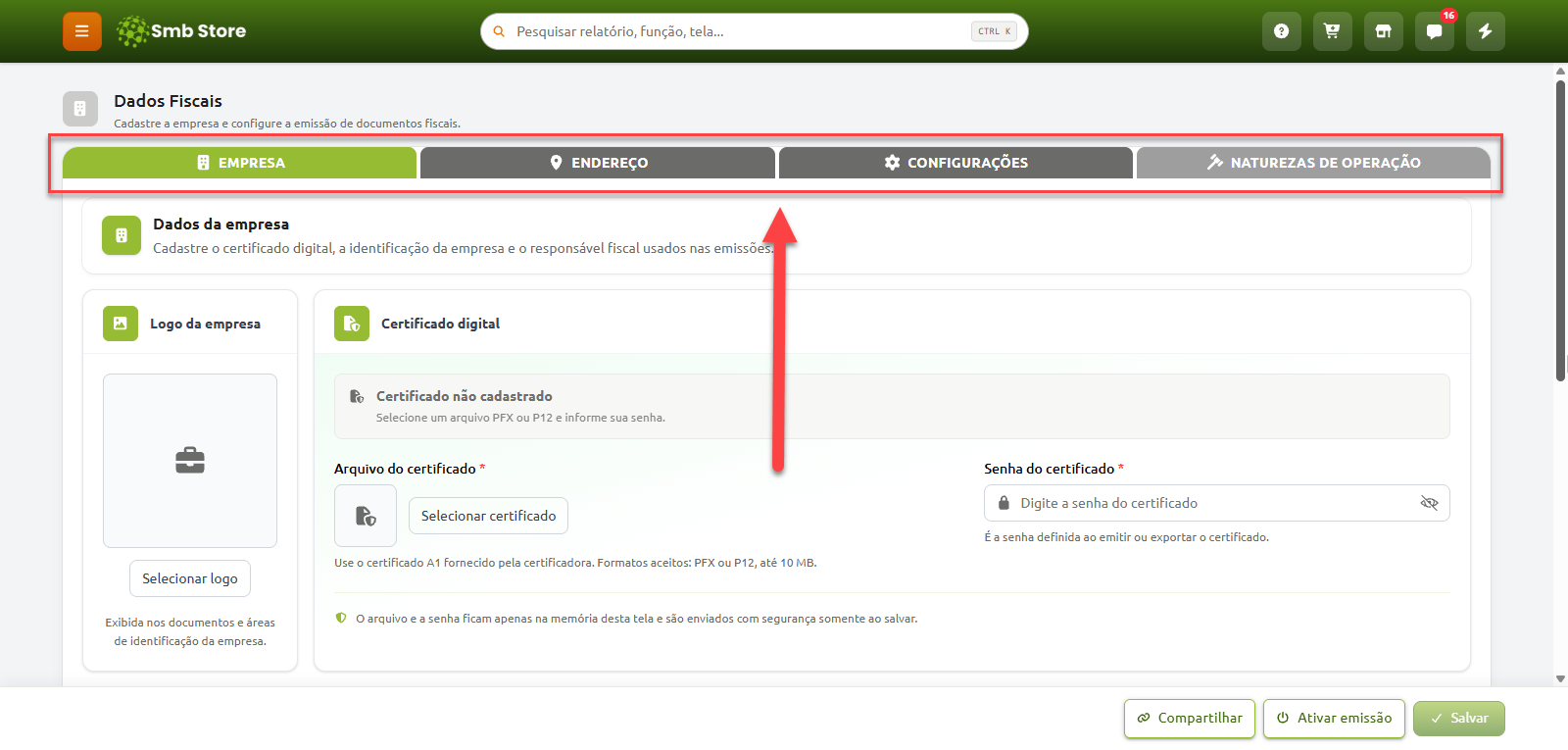 Tela de configuração de dados fiscais no sistema Smb Store, destacando as abas de navegação Empresa, Endereço, Configurações e Naturezas de Operação, com a aba Empresa aberta para cadastro do logotipo e certificado digital.