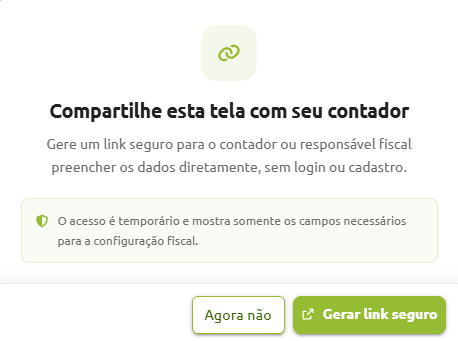 Janela de compartilhamento da tela com o contador, contendo aviso sobre acesso temporário e opções para "Agora não" ou "Gerar link seguro".