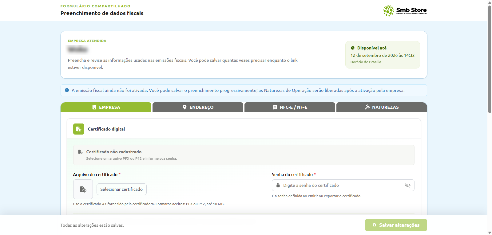 Formulário compartilhado do Smb Store para preenchimento de dados fiscais, exibindo a aba Empresa com os campos de envio do arquivo e inserção da senha do certificado digital.
