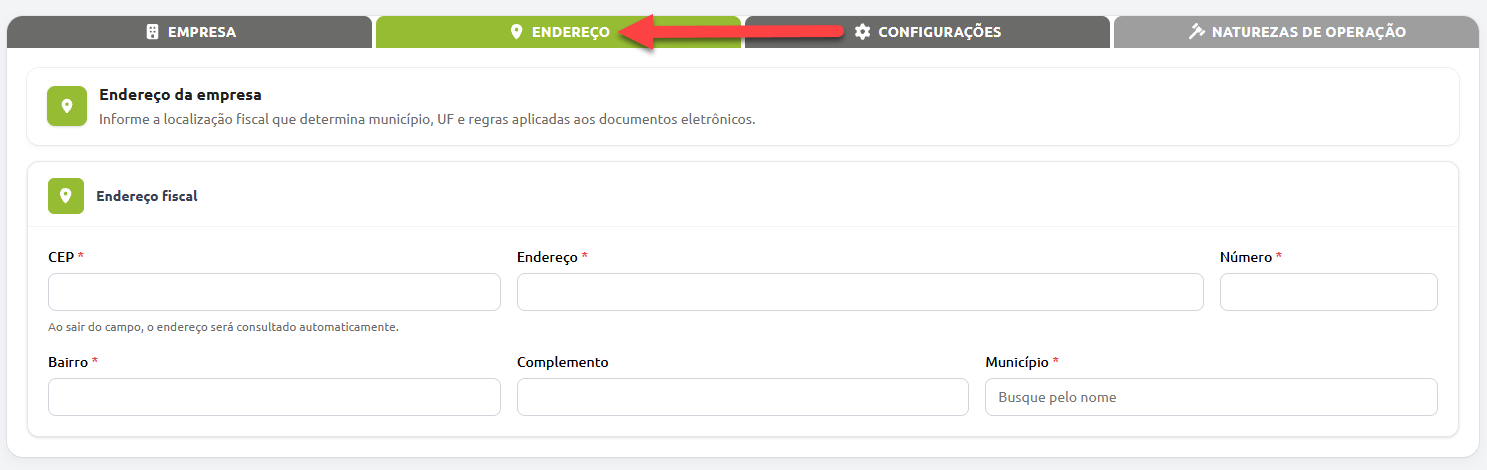 Tela de cadastro do endereço fiscal da empresa com a aba "Endereço" selecionada, contendo campos para preenchimento de CEP, endereço, número, bairro, complemento e município.