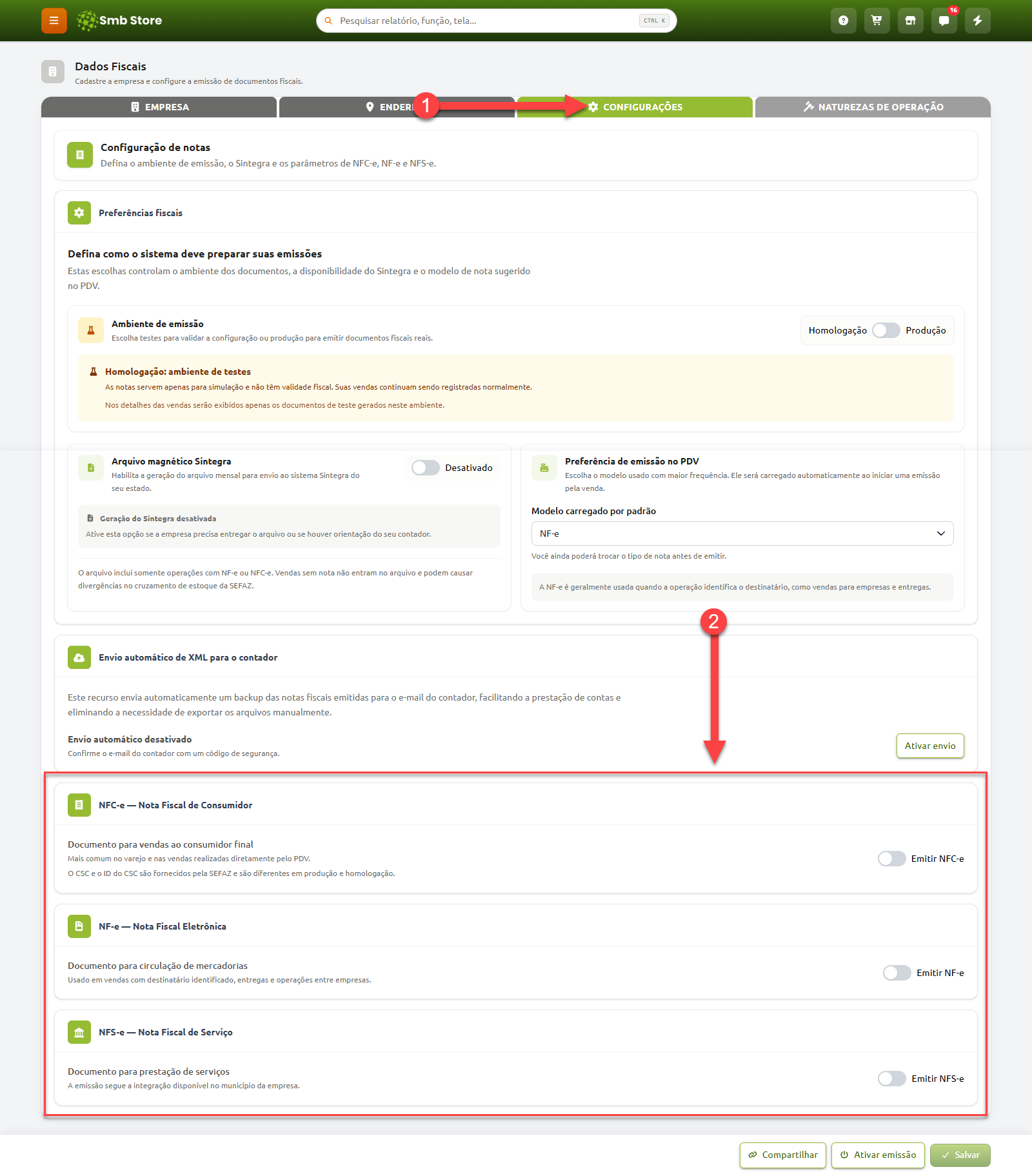 Tela de configurações dos Dados Fiscais no Smb Store, com destaque sequencial da aba Configurações para as opções de habilitação de emissão de NFC-e, NF-e e NFS-e.